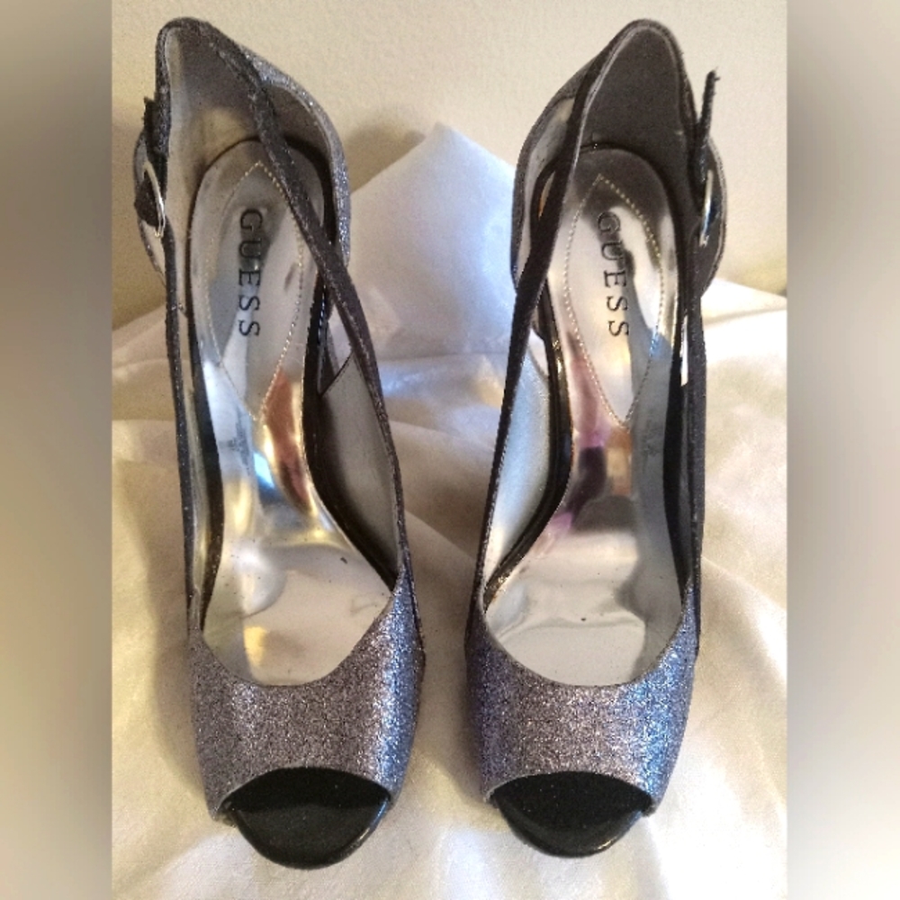 Guess bling silver black platform heels Size 7.5